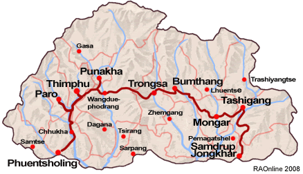 Image result for (Phuentsholing Thimphu  Wangdue  Punakha Paro  map