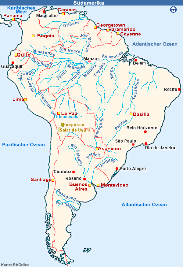 RAOnline EDU: Geografie - Karten -Amerika - Südamerika: Gewässer, Flüsse">
